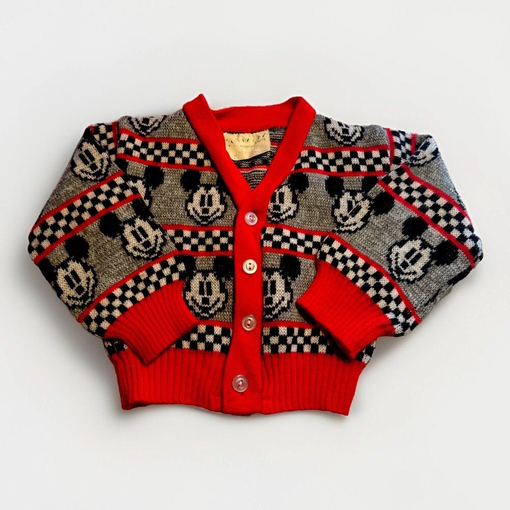 Vintage RARE Walt Disney MICKEY MOUSE KNIT BUTTON UP SWEATER CARDIGAN 12M 70-80s